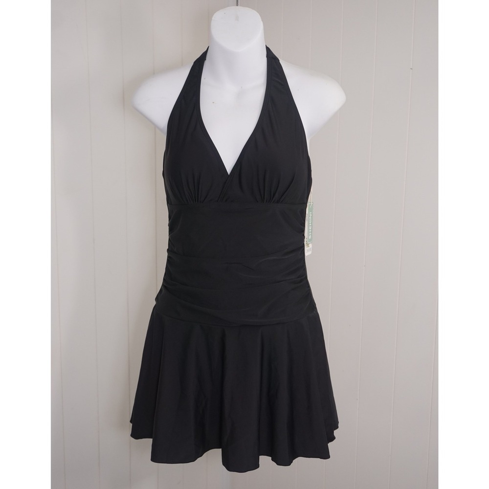 Shekini Small Black Halter Neck Skirted One Piece Swimsuit With Shorts